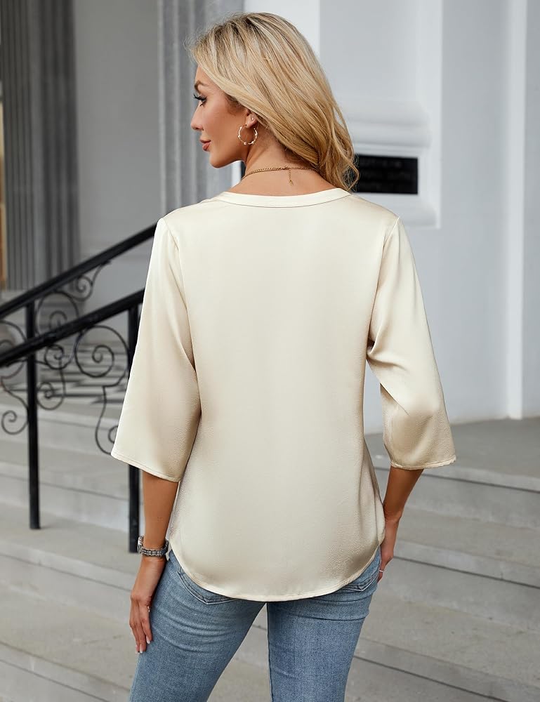 Womens Button Down Shirts 3/4 Sleeve Dressy Casual Tops Pleated Satin Silk Business Blouses 2025